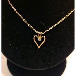 Vintage Gold Tone with Light Blue Rhinestone Heart Pendant  18 Inch Gold Tone